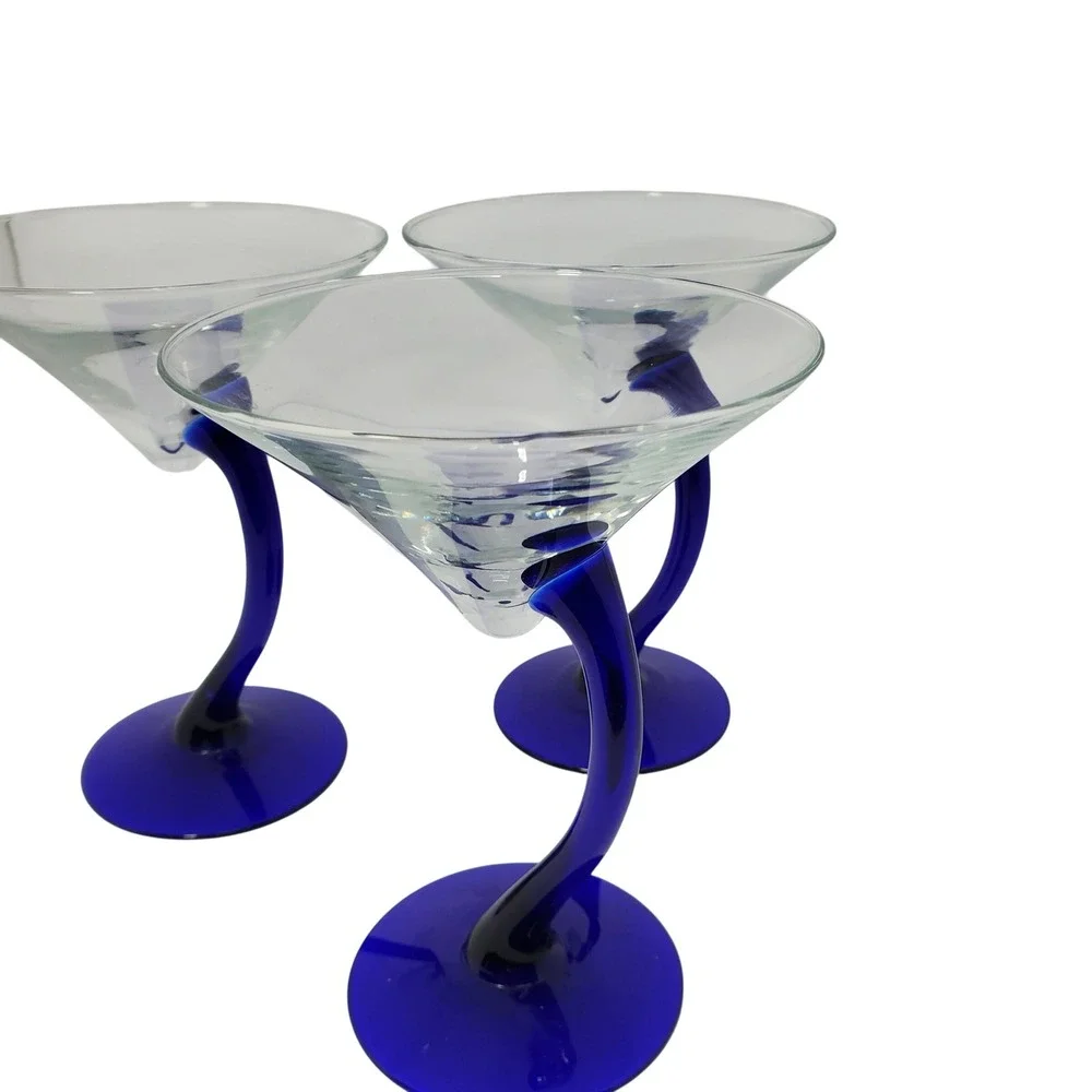 Set of 3 Cobalt Blue Curved Stem Martini Glasses Hand Blown Style Barware 7